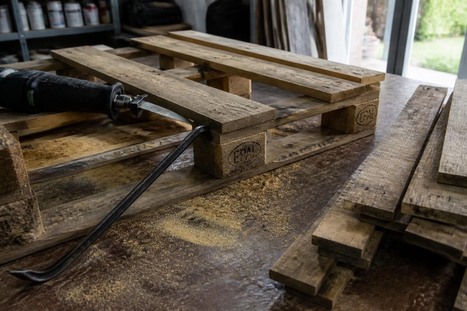 Palette en cours de démontage sur un établi, pied-de-biche et lame de scie glissés entre planche et dé