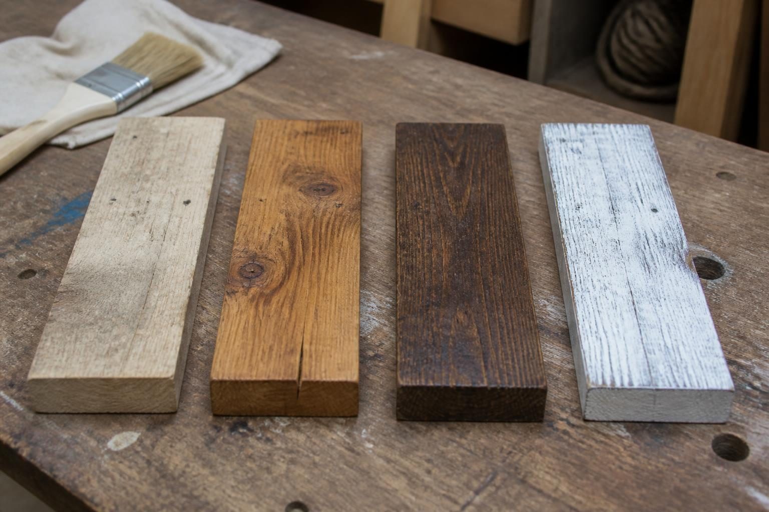 Quatre planches de palette côte à côte montrant les finitions brut, huilé, lasuré et peint
