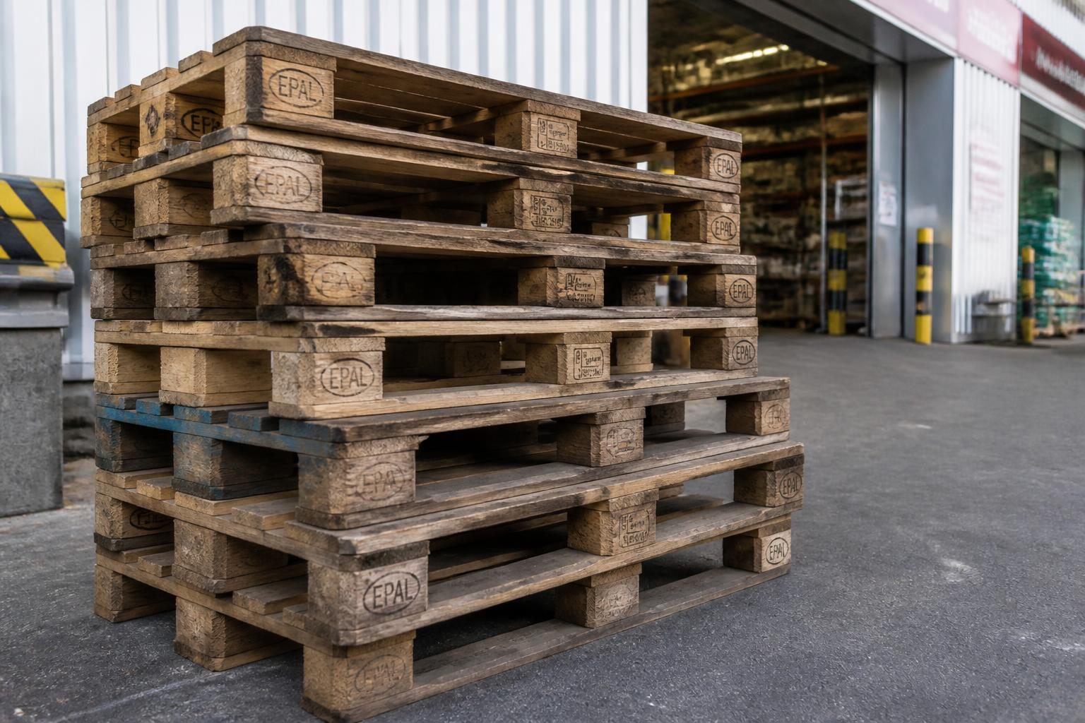 Pile de palettes Europe usagées près du quai de livraison d'un magasin de bricolage