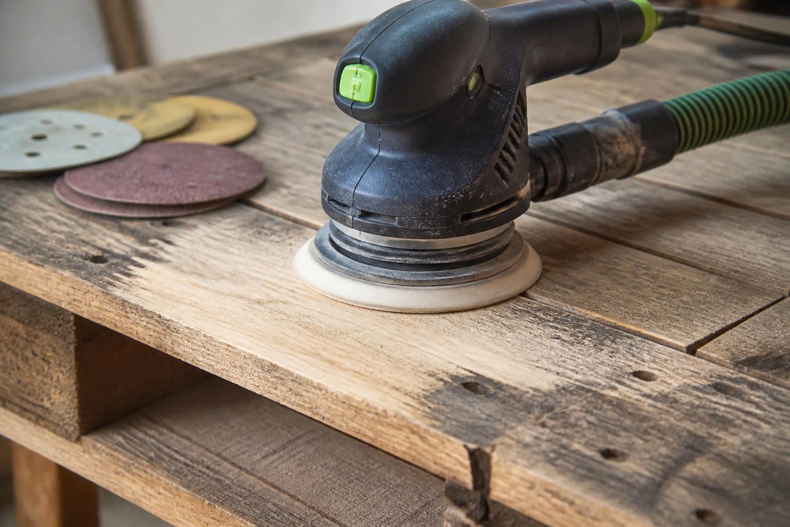 Ponceuse orbitale lissant une planche de palette sur un établi, disques de différents grains à côté